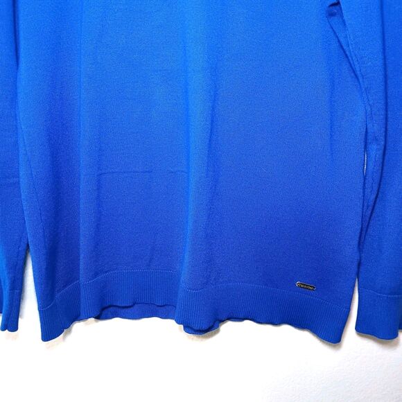 Calvin Klein Mock Neck Sweater Blue Gold Buttons Rayon Knit Top Sz M - Picture 3 of 14
